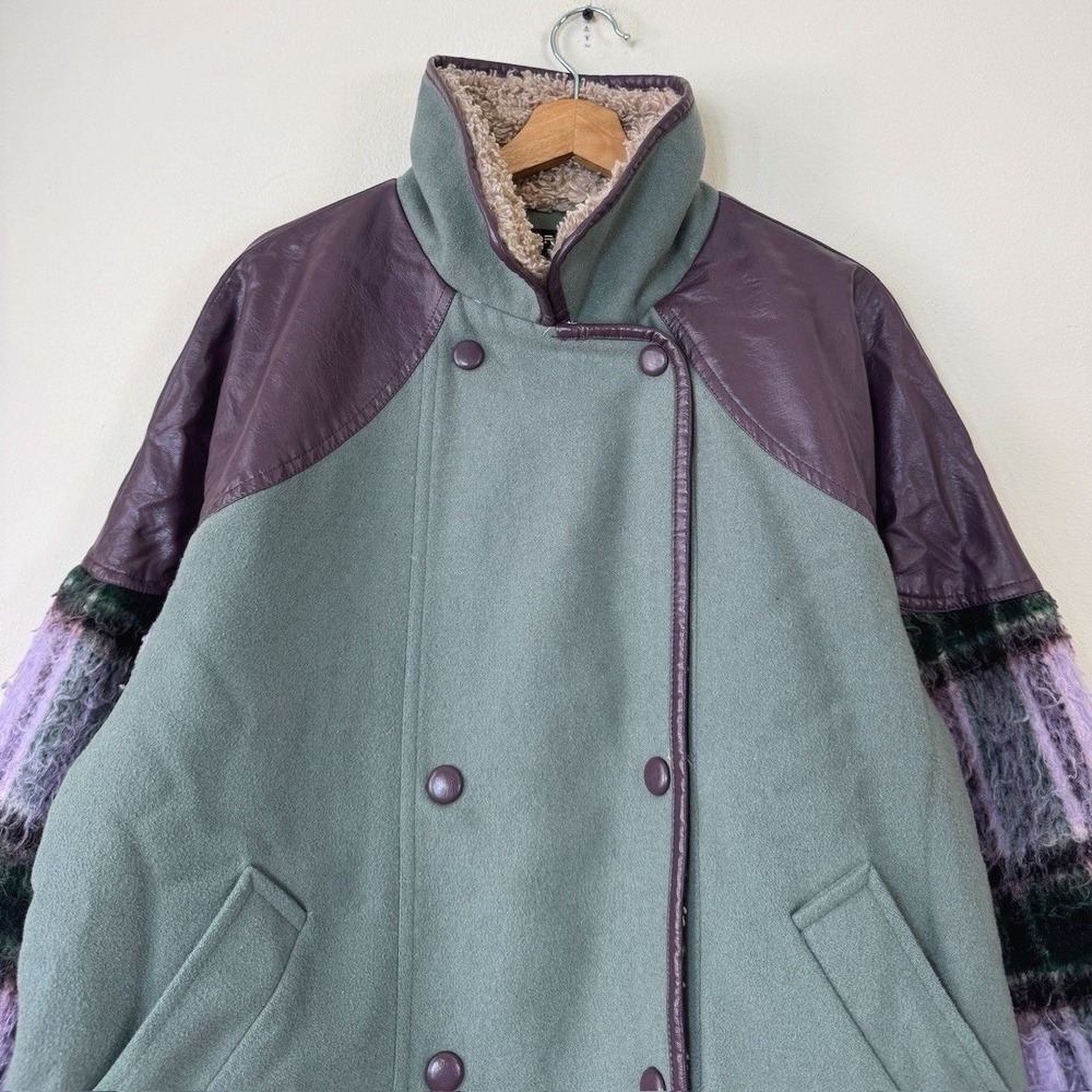 Women's Oof Wear Plaid Sherpa The Shapes Lab Button Up Green Purple Jacket Coat - Picture 2 of 7
